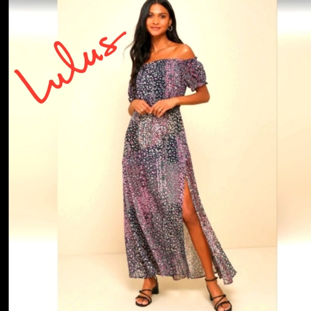 Lulus Neva Navy Blue Floral Print Off-the-Shoulder Maxi Dress Mini-Lined MED NWT - Picture 3 of 11